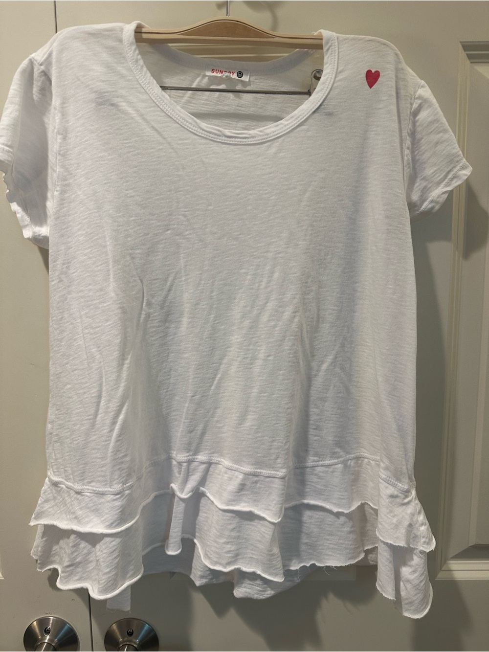 Sundry White Short Sleeve Tee with Red Heart Shoulder Accent